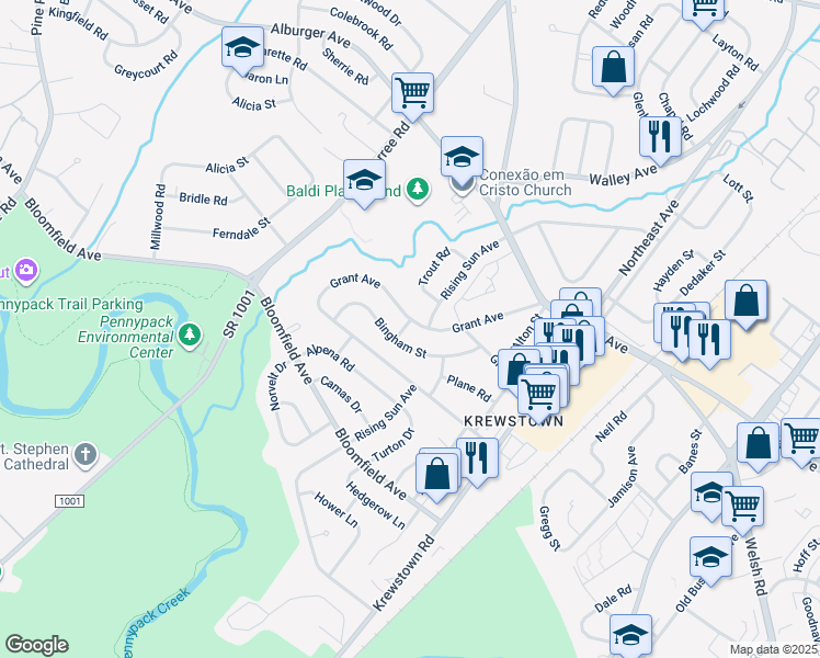 map of restaurants, bars, coffee shops, grocery stores, and more near 1100 Grant Avenue in Philadelphia