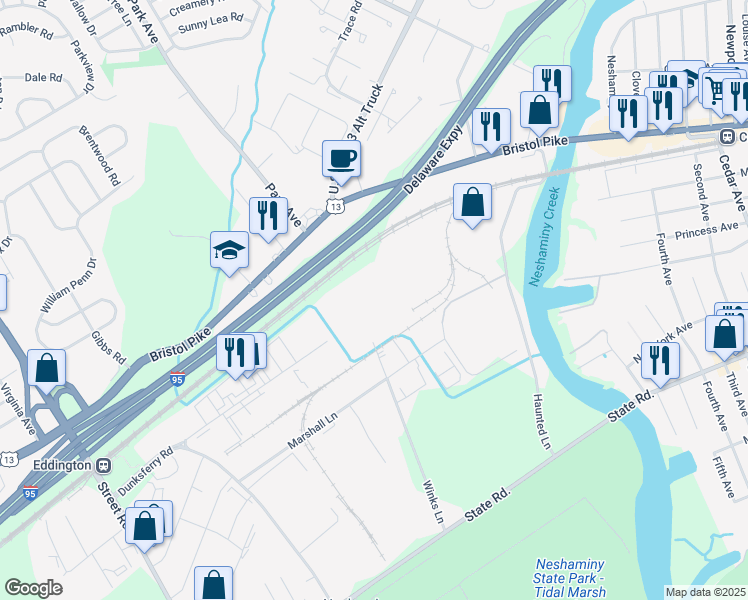 map of restaurants, bars, coffee shops, grocery stores, and more near 3600 Progress Drive in Bensalem