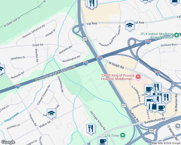 map of restaurants, bars, coffee shops, grocery stores, and more near 389 Drummers Lane in Wayne