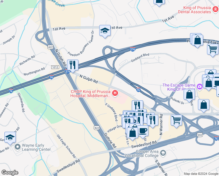 map of restaurants, bars, coffee shops, grocery stores, and more near 463 North Gulph Road in King of Prussia