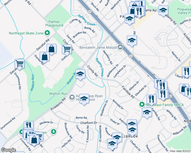 map of restaurants, bars, coffee shops, grocery stores, and more near 3252 Comly Road in Philadelphia