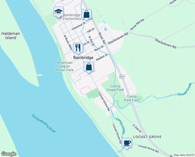 map of restaurants, bars, coffee shops, grocery stores, and more near 214 Division Street in Bainbridge