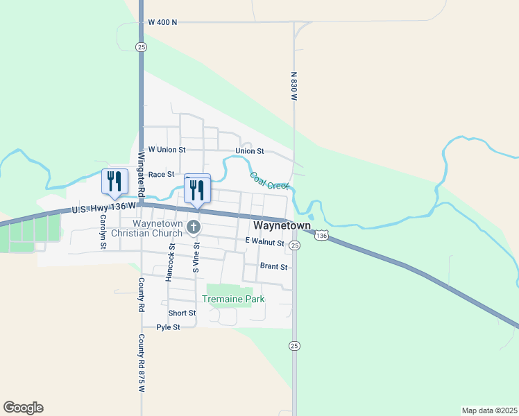 map of restaurants, bars, coffee shops, grocery stores, and more near 201 Orchard Street in Waynetown