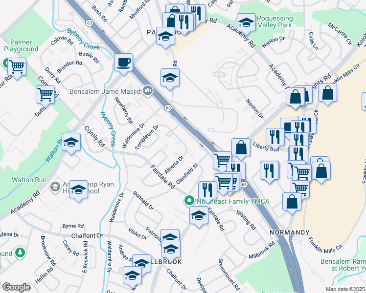 map of restaurants, bars, coffee shops, grocery stores, and more near 12110 Elmore Road in Philadelphia