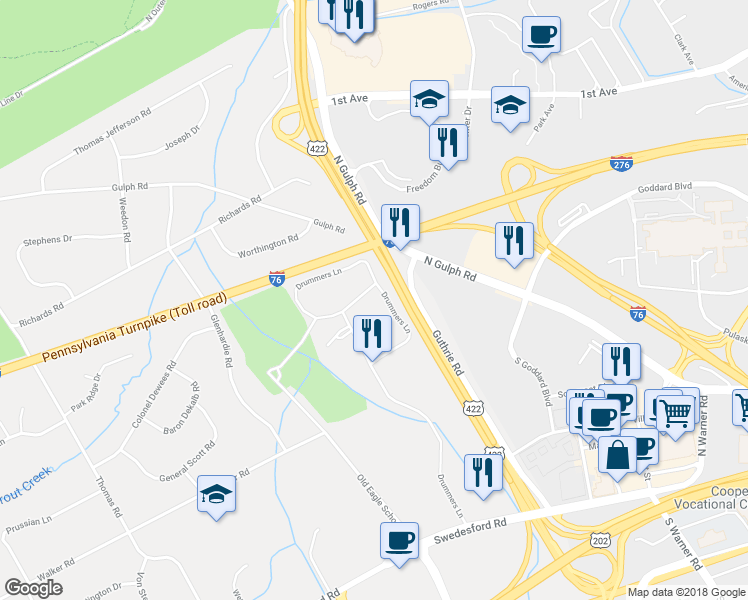 map of restaurants, bars, coffee shops, grocery stores, and more near 242 Drummers Lane in Wayne
