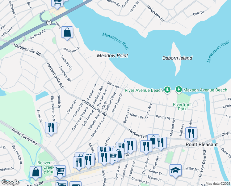 map of restaurants, bars, coffee shops, grocery stores, and more near 3202 River Road in Point Pleasant