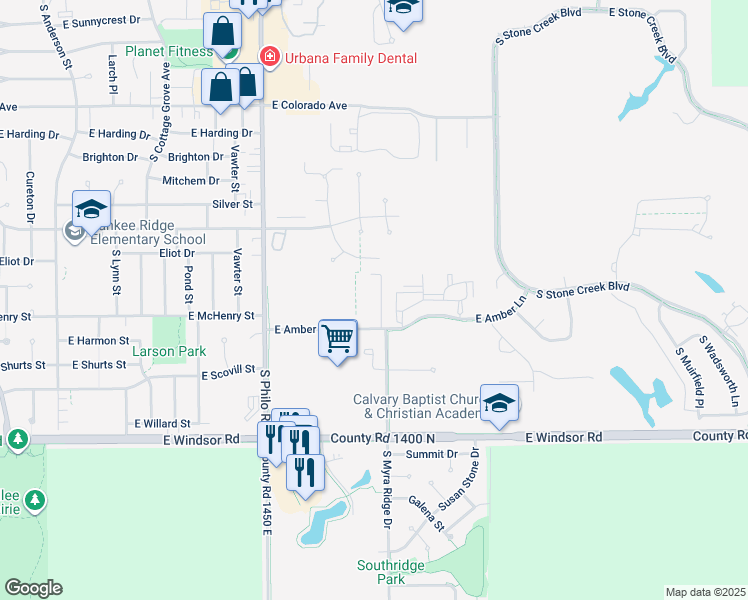 map of restaurants, bars, coffee shops, grocery stores, and more near 1706 East Amber Lane in Urbana