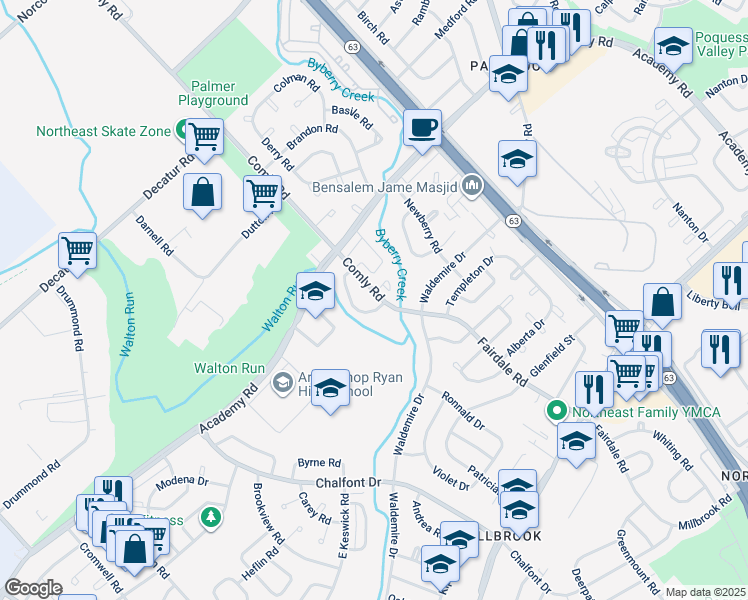 map of restaurants, bars, coffee shops, grocery stores, and more near 3250 Comly Road in Philadelphia