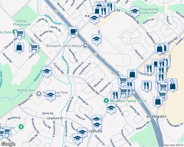 map of restaurants, bars, coffee shops, grocery stores, and more near 12038 Covert Road in Philadelphia