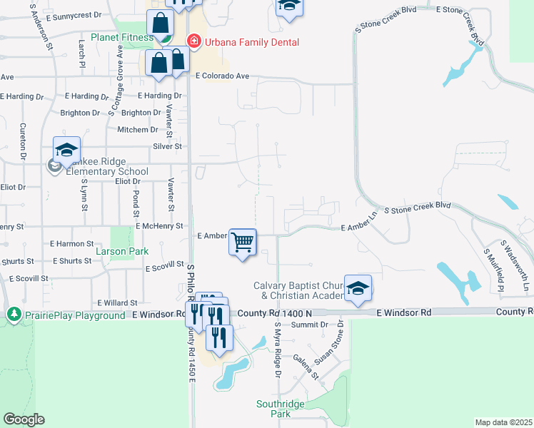 map of restaurants, bars, coffee shops, grocery stores, and more near 1706 East Amber Lane in Urbana