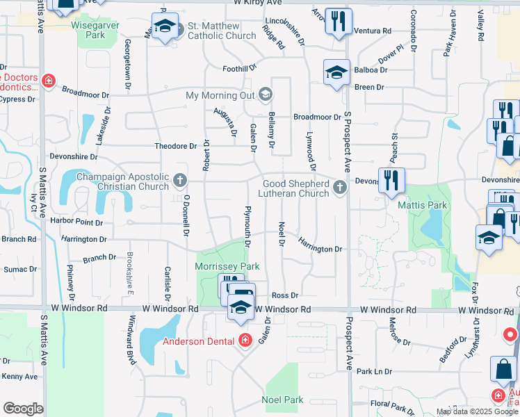 map of restaurants, bars, coffee shops, grocery stores, and more near 2107 Galen Drive in Champaign