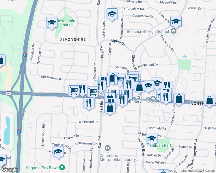 map of restaurants, bars, coffee shops, grocery stores, and more near 1620 East Dublin Granville Road in Columbus