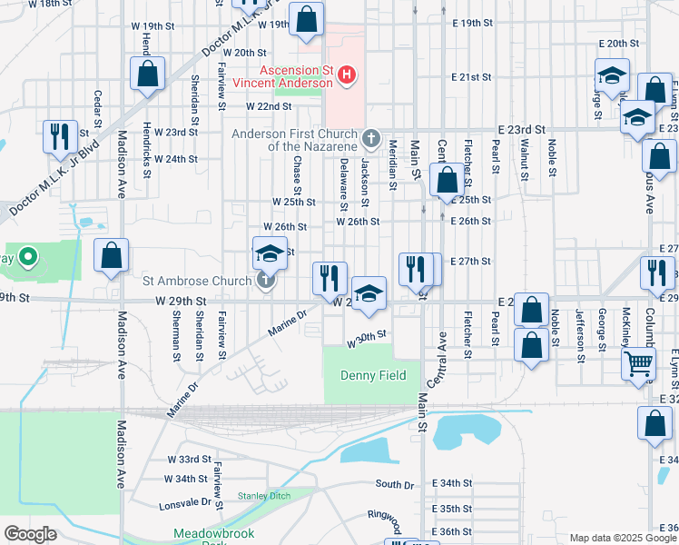 map of restaurants, bars, coffee shops, grocery stores, and more near 2707 Delaware Street in Anderson