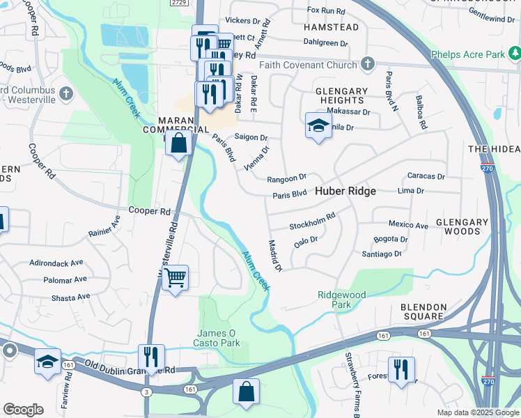 map of restaurants, bars, coffee shops, grocery stores, and more near 3506 Paris Boulevard in Westerville