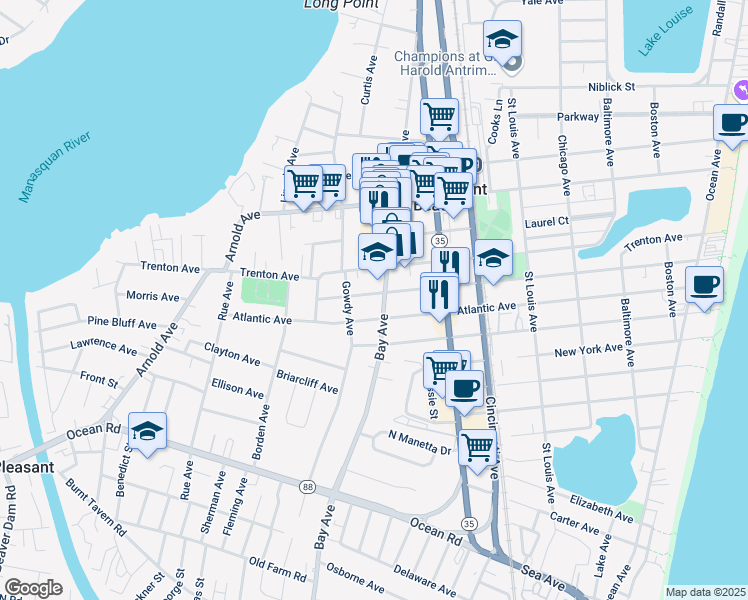 map of restaurants, bars, coffee shops, grocery stores, and more near 704 Forman Avenue in Point Pleasant Beach