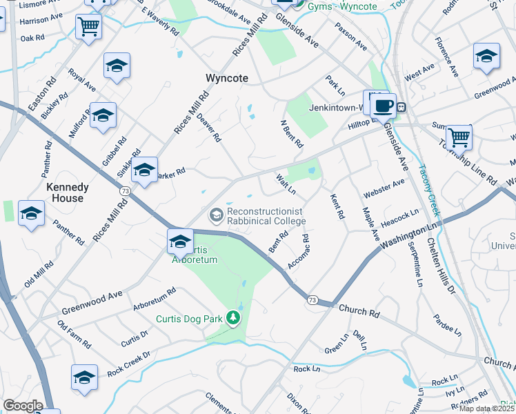 map of restaurants, bars, coffee shops, grocery stores, and more near 426 Greenwood Avenue in Wyncote