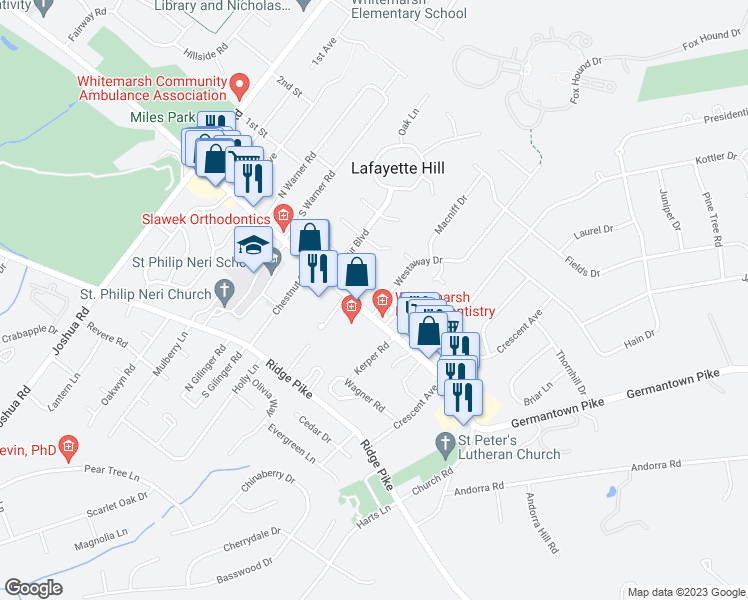 map of restaurants, bars, coffee shops, grocery stores, and more near 4010 Westaway Drive in Lafayette Hill