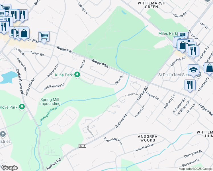 map of restaurants, bars, coffee shops, grocery stores, and more near 282 Birch Drive in Lafayette Hill