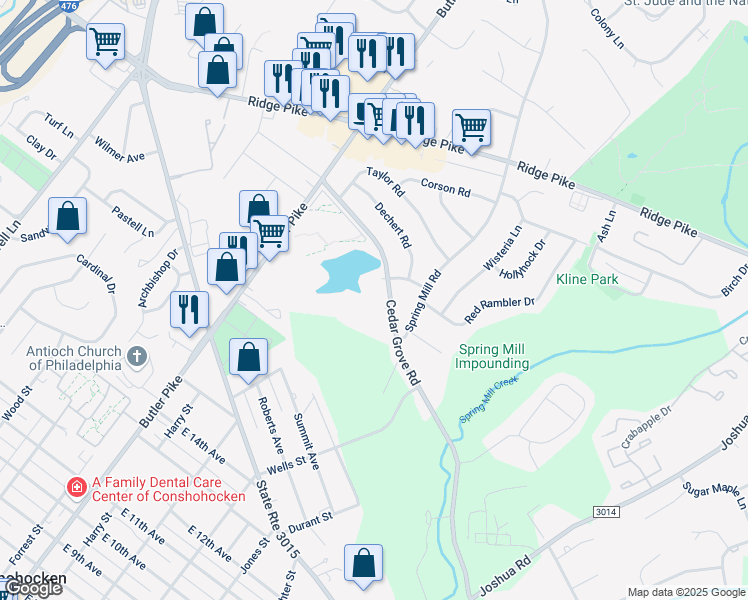 map of restaurants, bars, coffee shops, grocery stores, and more near 84 Cedar Grove Road in Conshohocken
