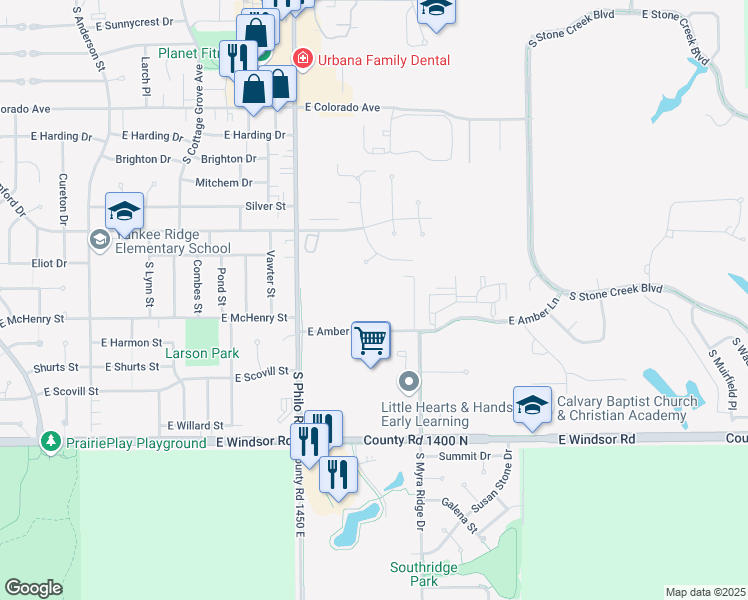 map of restaurants, bars, coffee shops, grocery stores, and more near 1611 Beckman Court in Urbana