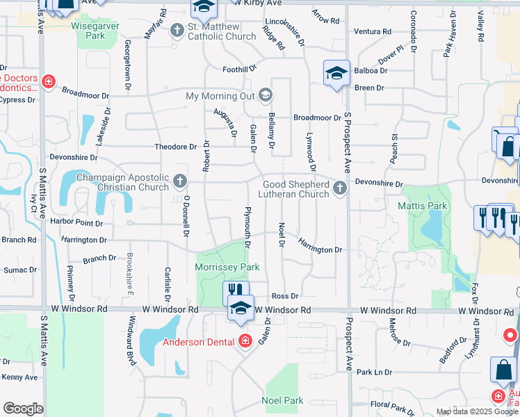 map of restaurants, bars, coffee shops, grocery stores, and more near 2107 Galen Drive in Champaign