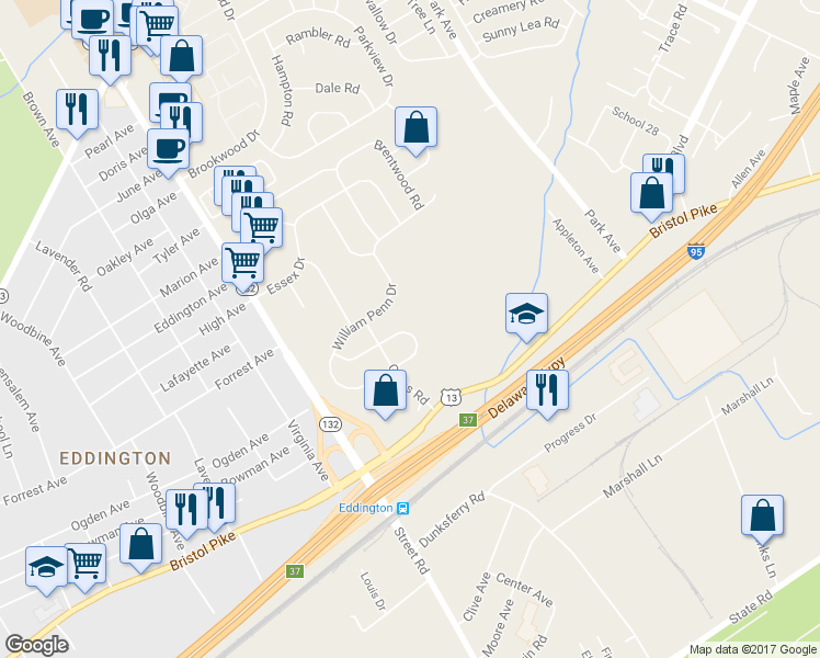 map of restaurants, bars, coffee shops, grocery stores, and more near 1180 William Penn Drive in Bensalem