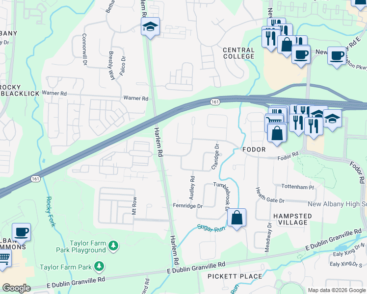 map of restaurants, bars, coffee shops, grocery stores, and more near 5231 Hanover Close in New Albany