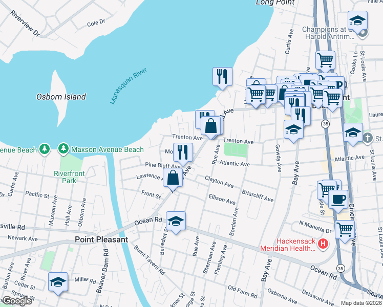map of restaurants, bars, coffee shops, grocery stores, and more near 1104 Morris Avenue in Point Pleasant
