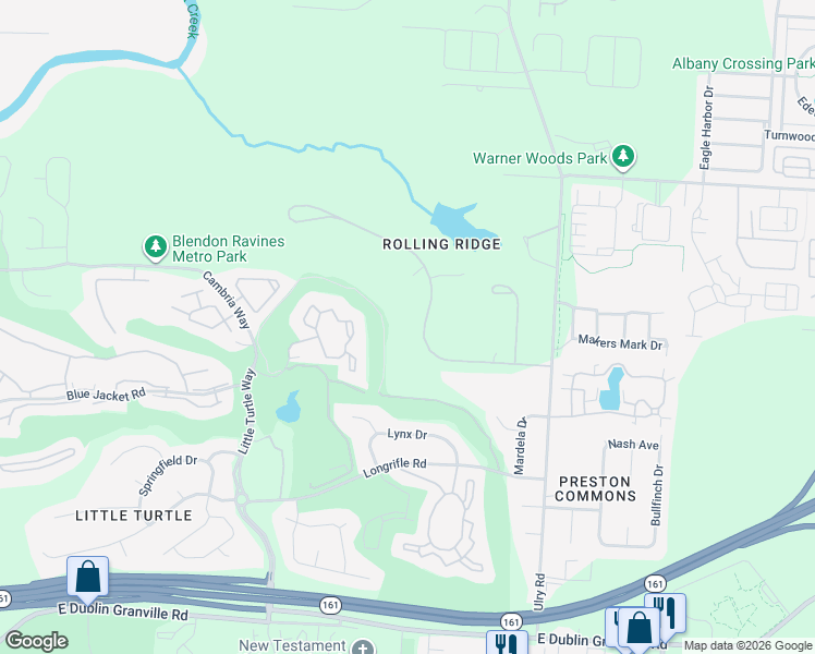 map of restaurants, bars, coffee shops, grocery stores, and more near 4527 Ravine Drive in Westerville