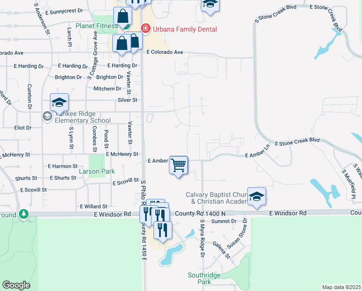 map of restaurants, bars, coffee shops, grocery stores, and more near 1704 East Amber Lane in Urbana