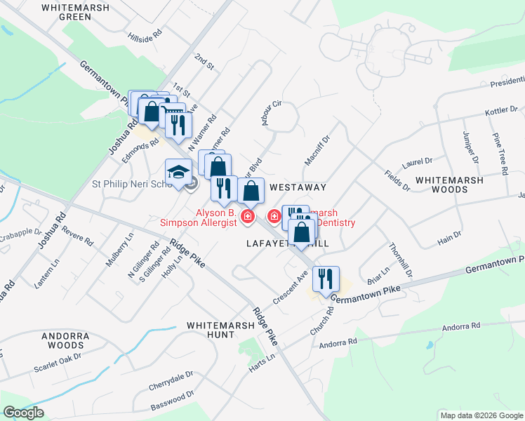 map of restaurants, bars, coffee shops, grocery stores, and more near 474 South Sweet Gum Lane in Lafayette Hill