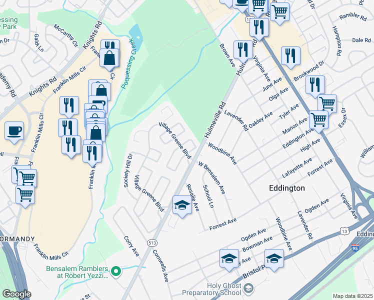 map of restaurants, bars, coffee shops, grocery stores, and more near 2501 New Market Square North in Bucks County