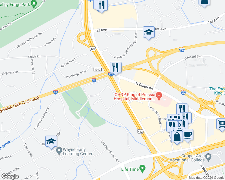 map of restaurants, bars, coffee shops, grocery stores, and more near 341 Drummers Lane in Wayne