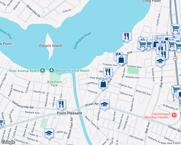 map of restaurants, bars, coffee shops, grocery stores, and more near 1139 Harding Place in Point Pleasant