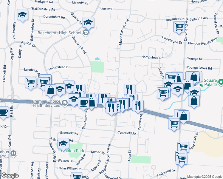 map of restaurants, bars, coffee shops, grocery stores, and more near 5757 Maple Canyon Avenue in Columbus