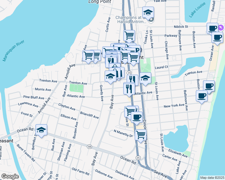 map of restaurants, bars, coffee shops, grocery stores, and more near 704 Forman Avenue in Point Pleasant Beach