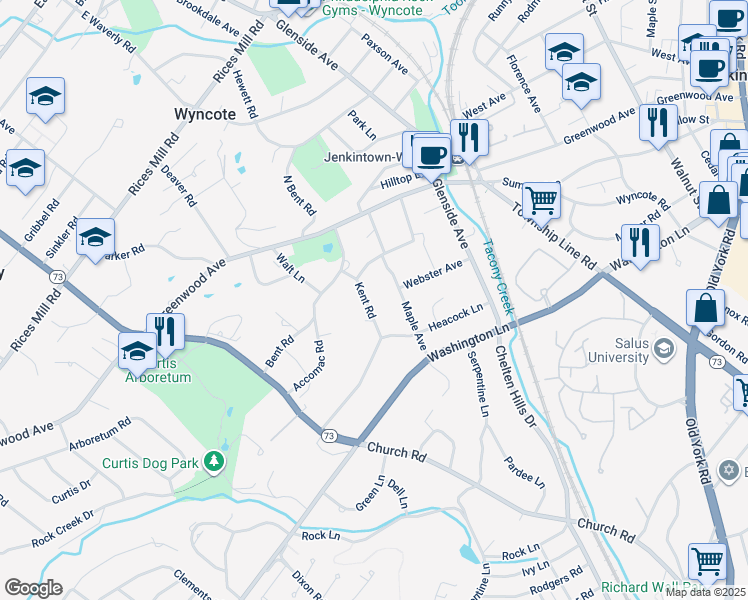 map of restaurants, bars, coffee shops, grocery stores, and more near 211 Kent Road in Wyncote