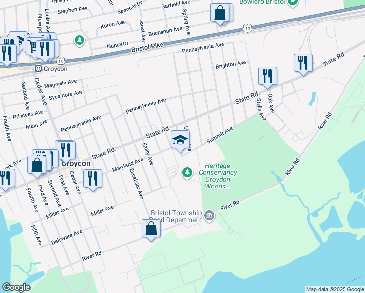 map of restaurants, bars, coffee shops, grocery stores, and more near 851 Keystone Street in Croydon