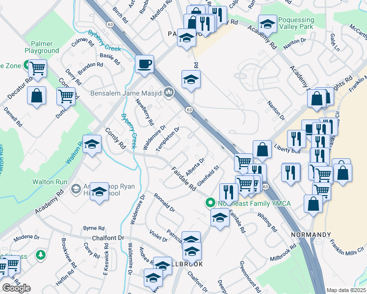 map of restaurants, bars, coffee shops, grocery stores, and more near 12040 Covert Road in Philadelphia