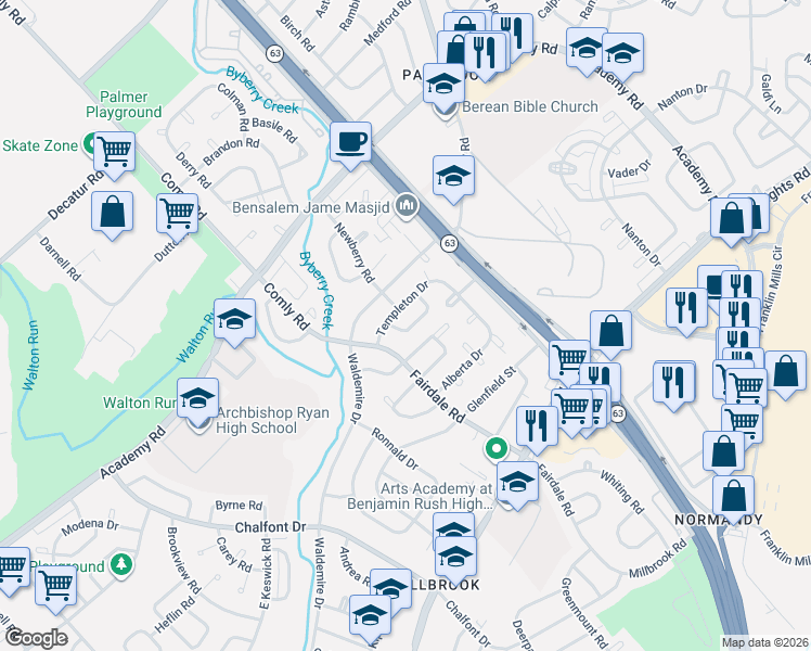 map of restaurants, bars, coffee shops, grocery stores, and more near 11930 Templeton Drive in Philadelphia