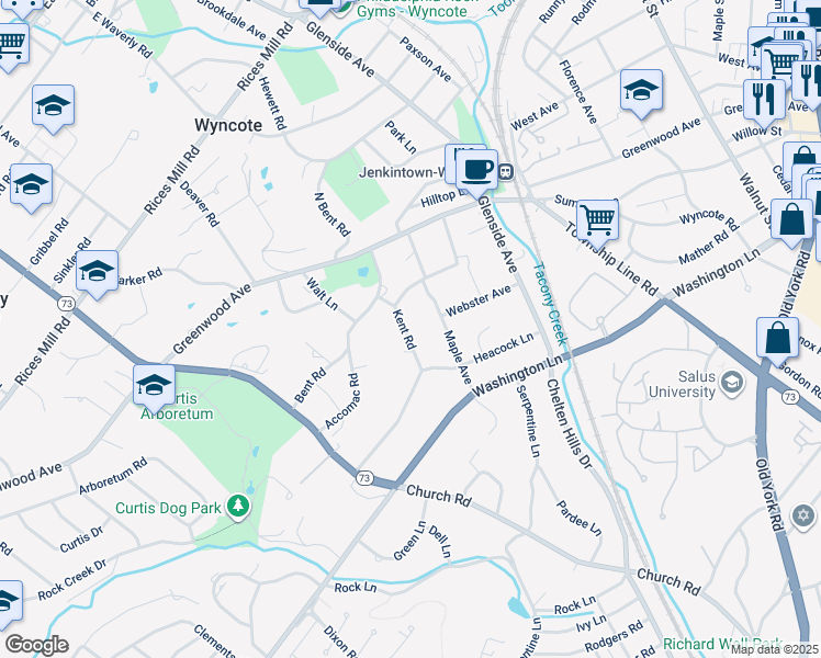 map of restaurants, bars, coffee shops, grocery stores, and more near 211 Kent Road in Wyncote
