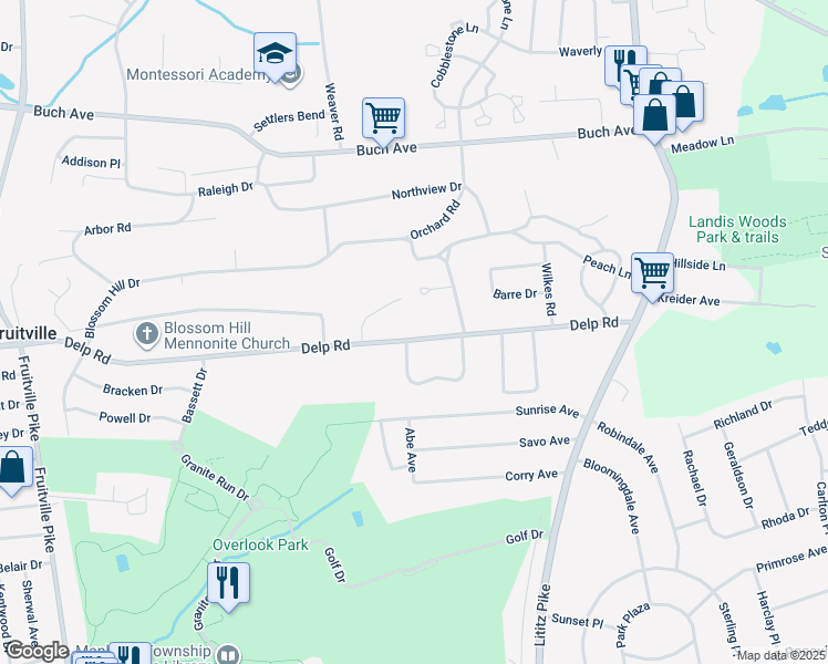 map of restaurants, bars, coffee shops, grocery stores, and more near 139 Delp Road in Lancaster