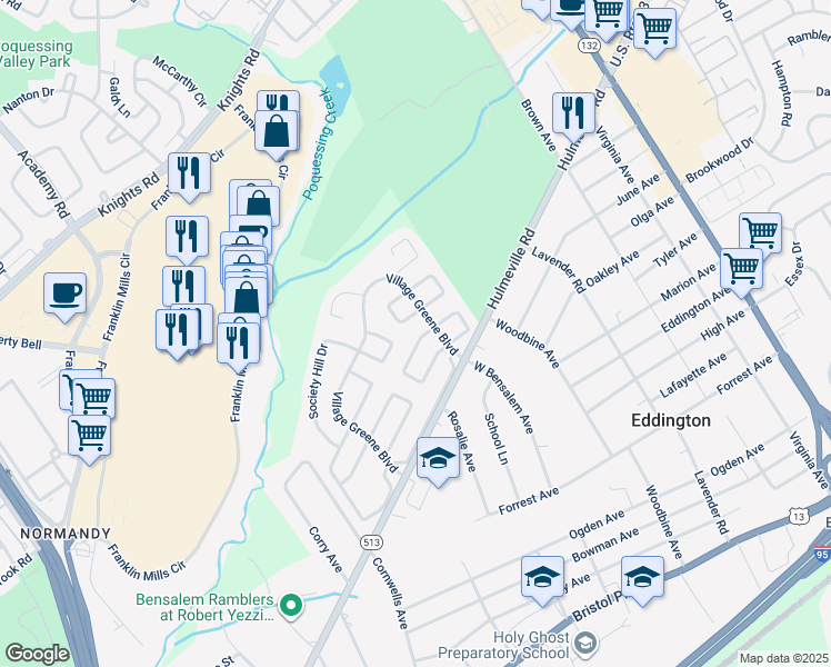 map of restaurants, bars, coffee shops, grocery stores, and more near 2318 New Market Square South in Bucks County