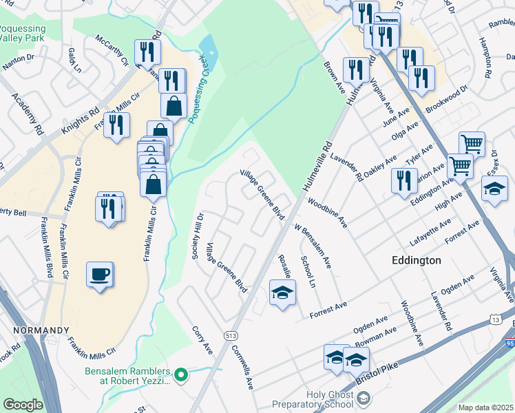 map of restaurants, bars, coffee shops, grocery stores, and more near 2318 New Market Square South in Bucks County