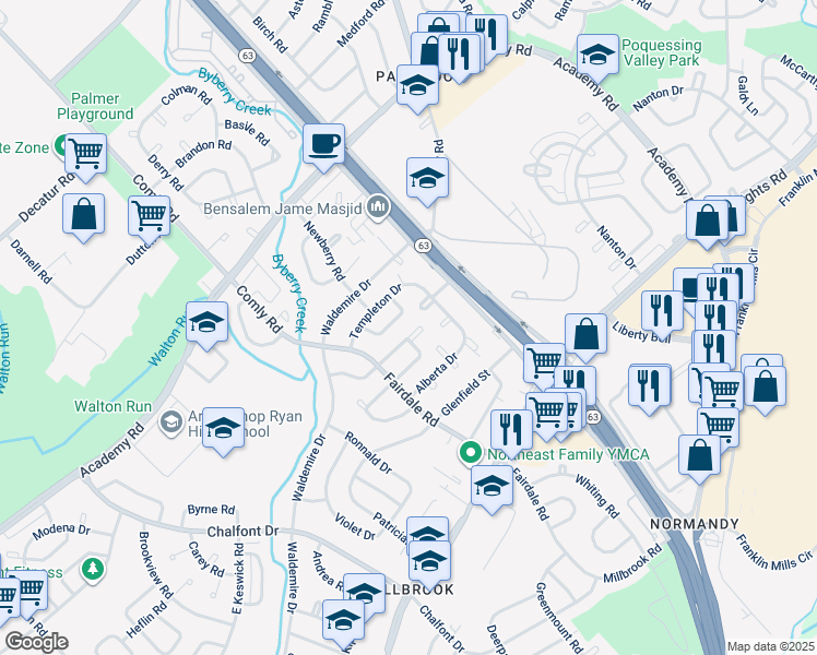 map of restaurants, bars, coffee shops, grocery stores, and more near 12040 Covert Road in Philadelphia