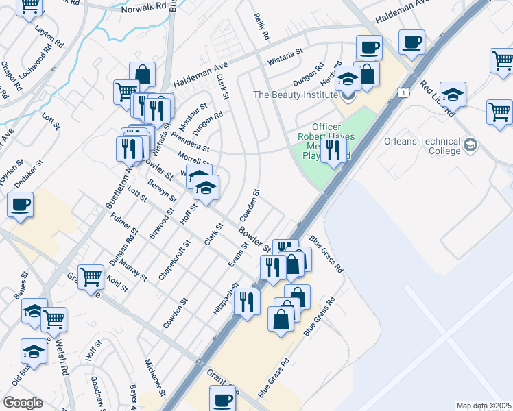 map of restaurants, bars, coffee shops, grocery stores, and more near 9753 Cowden Street in Philadelphia