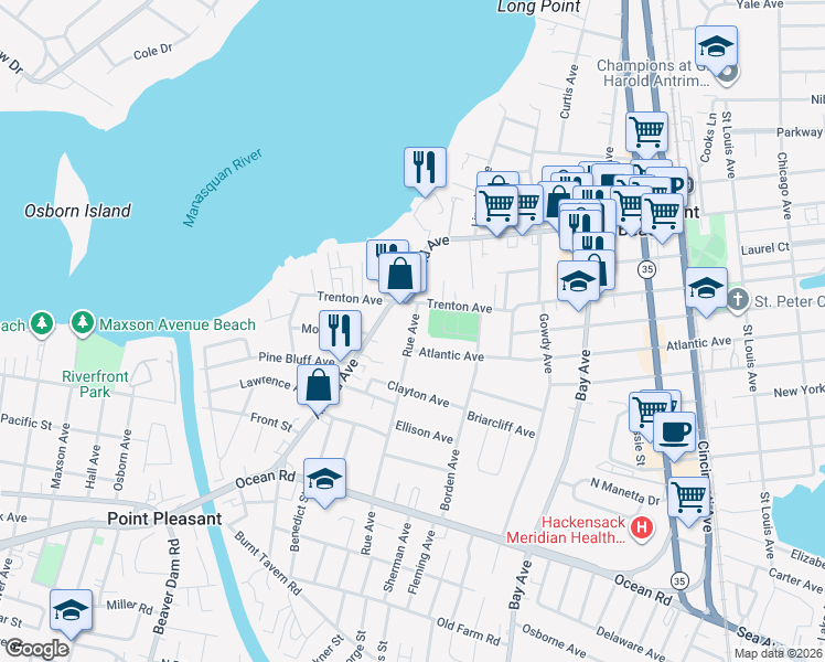 map of restaurants, bars, coffee shops, grocery stores, and more near 800 Rue Avenue in Point Pleasant