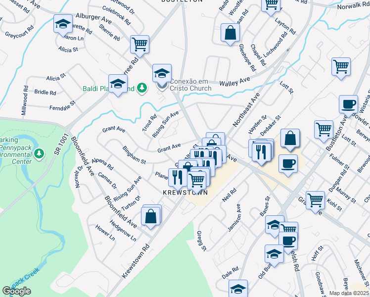 map of restaurants, bars, coffee shops, grocery stores, and more near 1240 Grant Avenue in Philadelphia