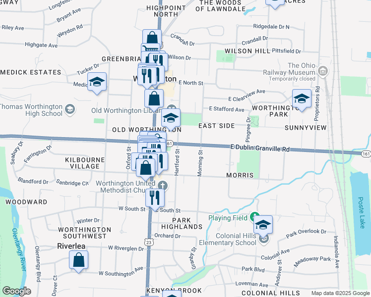 map of restaurants, bars, coffee shops, grocery stores, and more near 91 East Dublin Granville Road in Worthington