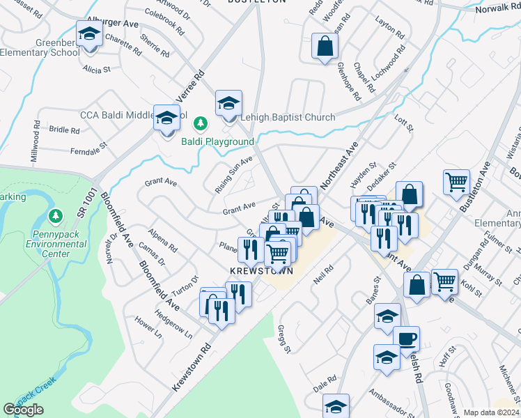 map of restaurants, bars, coffee shops, grocery stores, and more near 1240 Grant Avenue in Philadelphia